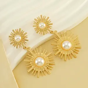 New Sun Flower Earrings Stainless Steel Dangle Hypoallergenic Gold Sunburst Pearl Earrings