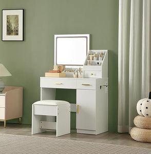 Caja de almacenamiento de maquillaje de tocador blanca con 3 <span class=keywords><strong>cajones</strong></span> Silla cómoda Toma de corriente Soporte para secador de pelo Iluminación LED de 3 colores para dormitorio - Product Image 1