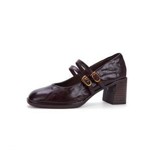 Collezione primavera 2025 donna eleganti in vera pelle tacchi alti marrone décolleté singole francesi con Top spesso in montone - Product Image 1