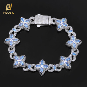 NUOYA Joyería Fina, Brazalete Cubano Plateado, Brazalete de Cadena Cubana con Circonitas de Colores y Diamantes Simulados, Trébol de Cuatro Hojas - Product Image 2