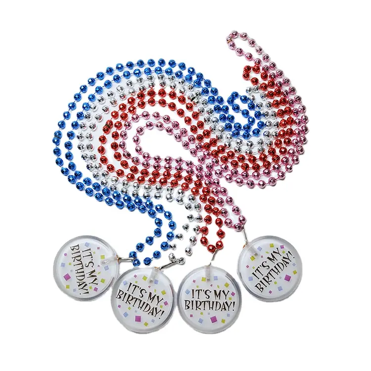 Suministros de fiesta de cumpleaños, logotipo personalizado, insignia de botón led de plástico con collar de cuentas