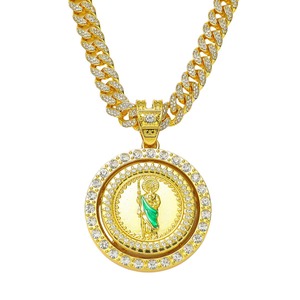 Gold Plated <b>Iced</b> <b>Out</b> Cuban Link Necklace Rotating Pendant Medallion Rhinestone <b>Chain</b> Hip Hop Jewelry - Product Image 1