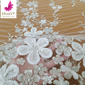 Hy3168 hoa mẫu trắng Wedding lưới Bridal ren Tulle ngọc trai với thủy tinh dài hạt vải - Product Image 1