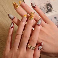 LUMEILA Wijnrood Crème Geel Verloop Handgetekende Bloemmotief Amandel Acryl Volledige Dekking Persnagels Lijm Nude Kunstnagels