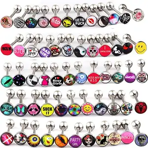 Hot Sale 316L Stainless Steel Tongue Ring Barbells Flat Logo Nipple Rings 14G Mix Designs Body Piercing Jewelry