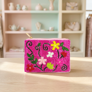 Pochette carrée à fermeture éclair en toile brodée de perles florales Jaunty Fashion, sac à main pour activités promotionnelles - Product Image 1