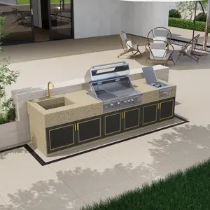 High Quality Custom Marble Outdoor Kitchen Island Modular Marble Grill Station with Sink for Outdoor Cooking