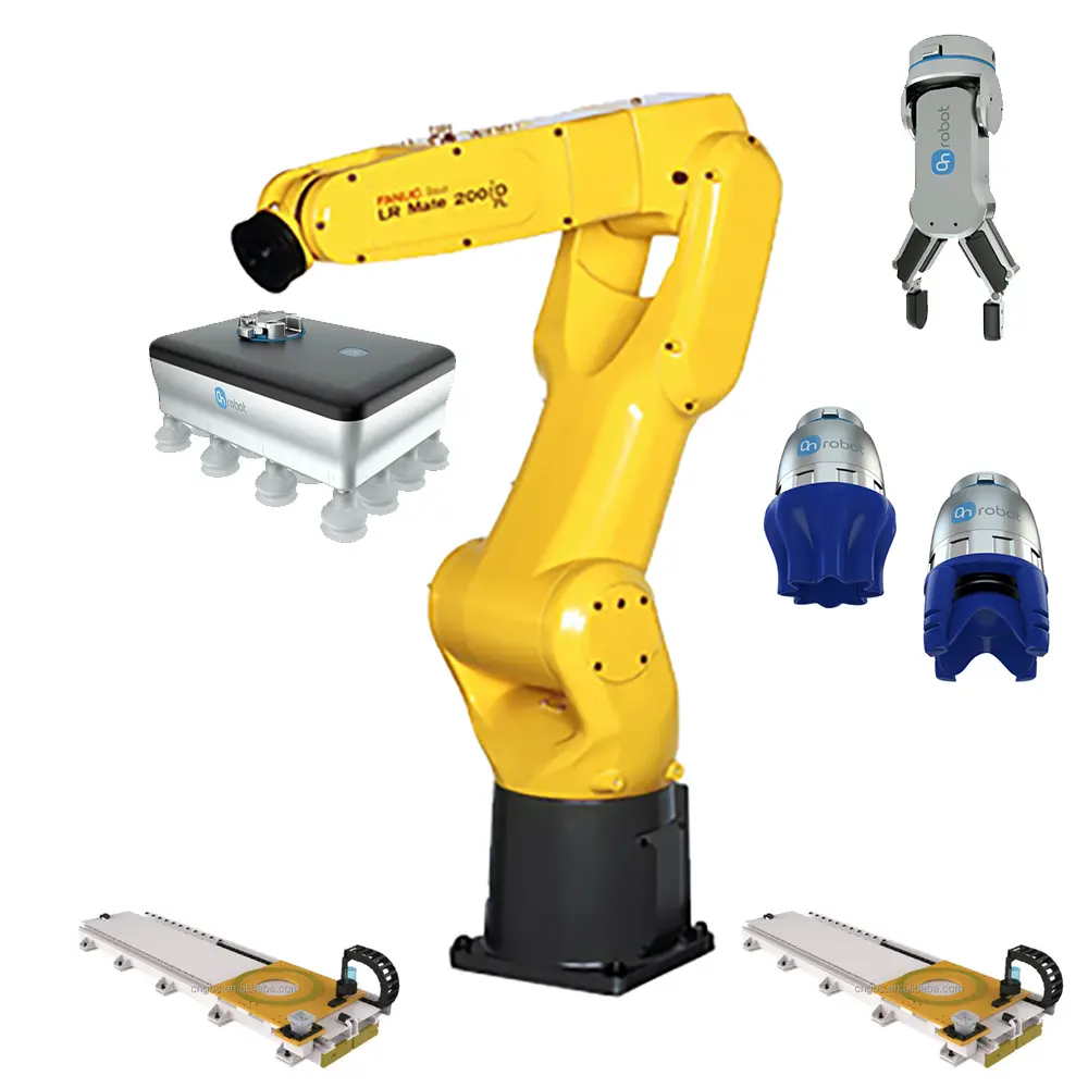 Cartone Robot Fanuc LR Mate 200ID/7L con OnRobot VGP20 ventosa sottovuoto/pinza RG2/pinza morbida e Robot guida scatole mobili