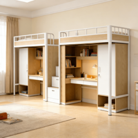Lit superposé moderne en métal, gain de place, avec bureau, armoire, escalier et rangement, pour 2 personnes, idéal pour dortoir universitaire