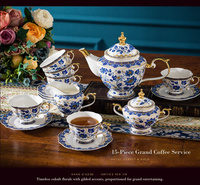 Service à café en porcelaine bleue italienne 15 pièces avec bordure dorée, théière, tasses, soucoupes, sucrier, crémier – Vente en gros, fournisseur OEM ODM