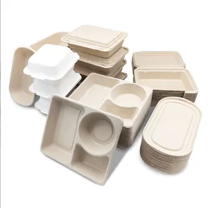 กล่องอาหารกลางวันแบบใช้สำหรับใช้บนโต๊ะอาหารย่อยสลายได้บรรจุภัณฑ์แบบฝาพับทำจากกระดาษ