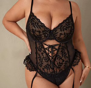 Lingerie pour femmes grandes tailles, Teddy une pièce à armatures avec jarretelles, en dentelle transparente, body sexy, ensemble <span class=keywords><strong>porte</strong></span>-jarretelles pour femmes - Product Image 3