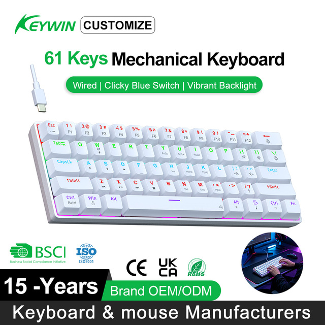 Factory Stock 61 Keys Wired LED Mechanical Gaming Keyboard OEM 60% Detached Type-C Wired Blue Switch Mechanical Gaming Keyboard