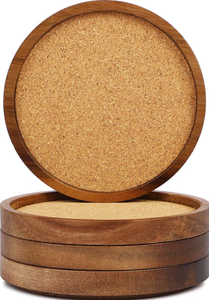 Sous-verres ronds en bois d'acacia avec bord en liège, absorbants et résistants à la chaleur, pour la maison et le bar - Product Image 6