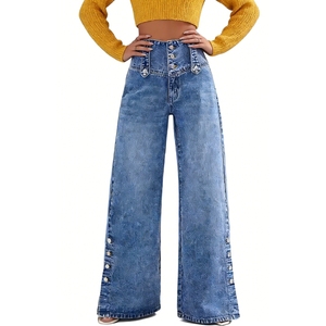 Jean évasé taille haute pour femme en denim bleu avec détails boutonnés sur le côté – Style décontracté et tendance - Product Image 1