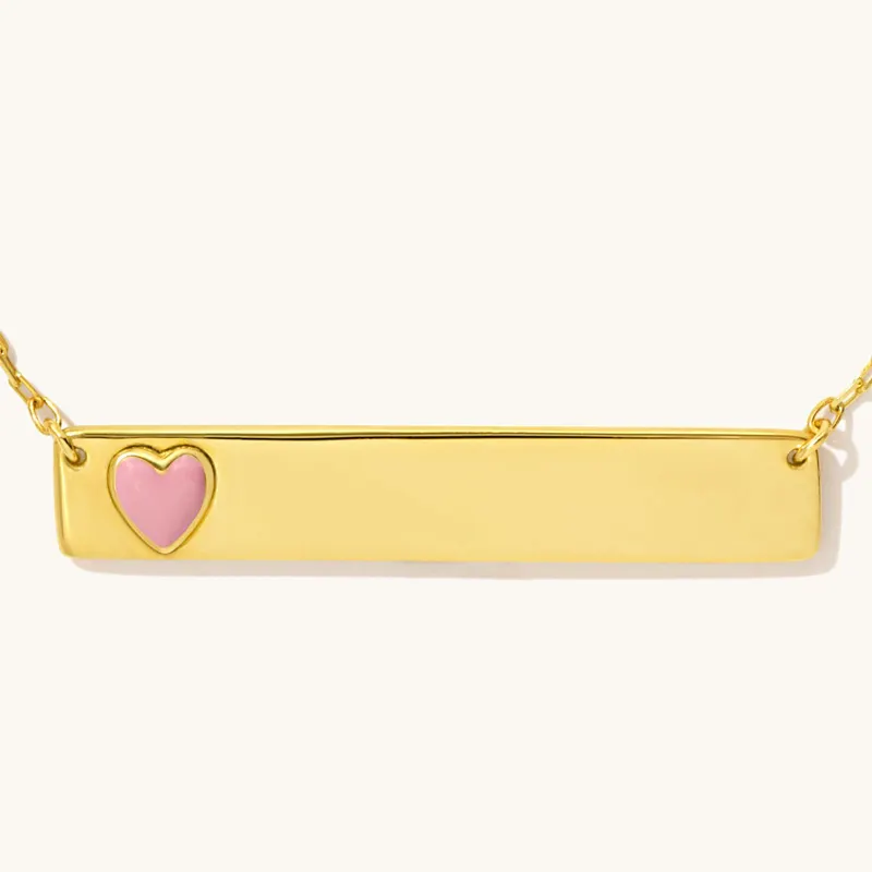 Colgante de barra grabado personalizado, collar de barra de oro en blanco con corazón de esmalte rosa de acero inoxidable chapado en oro de 18 quilates para mujer