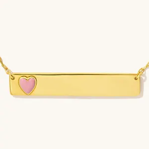 Personalized Custom Engraved Bar Pendant 18k Gold Plated Stainless Steel Pink Enamel Heart Blank Gold Bar Necklace For Women