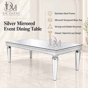 Mesa de Comedor Rectangular de Acero Inoxidable de Primera Calidad con Tapa de Espejo y Patas Redondas Cónicas para Eventos y Banquetes, Venta al Por Mayor - Product Image 3