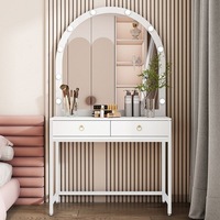 Coiffeuse de luxe en bois avec miroir lumineux arqué, 2 tiroirs de rangement, cadre en fer doré pour dressing, salon, studio