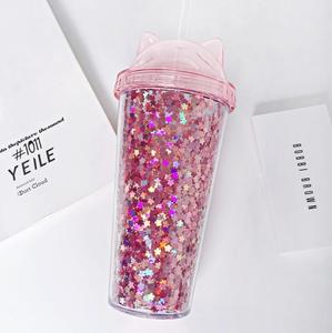 O269 Gelas Kartun Sequin Kreatif Twinkl Dinding Ganda untuk Kopi Teh Minuman Mug dengan Telinga Kucing Sedotan Plastik Sekali Pakai - Product Image 2