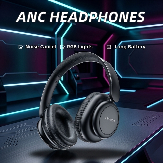 New Over-Ear ANC Noise Cancelling for Headphones with LED Battery Indicator RGB Gaming Lights Long Battery Life
