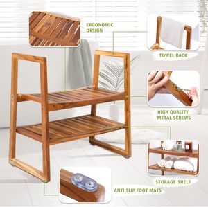 Banco De Chuveiro De Teca-Assento De Chuveiro Com Braços Prateleira De Armazenamento Banheiro De Madeira <span class=keywords><strong>2</strong></span>-Tier Spa Bathing - Product Image 2
