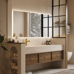 Meuble-lavabo mural de luxe Wabi Sabi avec dessus en travertin naturel, tiroirs en <span class=keywords><strong>bois</strong></span> massif et armoire miroir LED pour hôtel et villa - Product Image 2