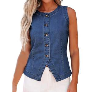 2025 chaleco Vaquero elástico sin mangas de verano informal para mujer, chaleco occidental con cuello redondo y botones, estilo acolchado - Product Image 1
