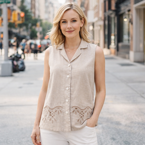 Camicetta da <span class=keywords><strong>Donna</strong></span> Personalizzata in Misto Lino e Cotone <span class=keywords><strong>Beige</strong></span> con Ricamo Traforato, Colletto a Revers, Senza Maniche, con Bottoni, alla Moda - Product Image 1