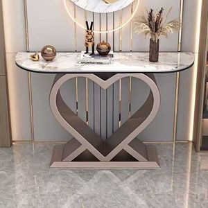 Tavolo <span class=keywords><strong>Consolle</strong></span> di Lusso con Design a Cuore, Base <span class=keywords><strong>in</strong></span> <span class=keywords><strong>Metallo</strong></span> Dorato Lucido, Piano <span class=keywords><strong>in</strong></span> Pietra Sinterizzata, Tavolo Decorativo per Ingresso e Corridoio - Product Image 1