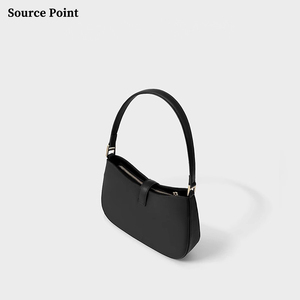 Simple <strong>Black</strong> Genuine Leather <strong>Small</strong> Underarm <strong>Handbag</strong> with Zipper Shackle Elegant Underarm Bags for Women - Product Image 3