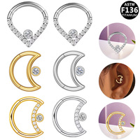 Anneau de nez en titane YW 16G, cœur de lune, clicker, segment articulé, bijoux de piercing pour le nez
