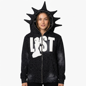 Men's Oversized Pink Hooded Sweatshirt With <b>Star</b> Spikes Zip-Up Streetwear <b>Design</b> Front Letter Print Regular Fit Autumn Wear - Product Image 5