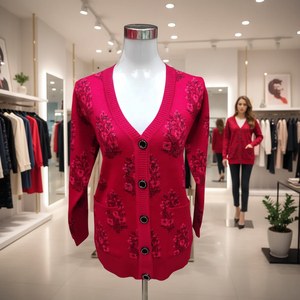 Cardigã Elegante de Inverno para Mulheres Idosas com Decote em V e Estampa Floral em Jacquard para Uso Diário - Product Image 4