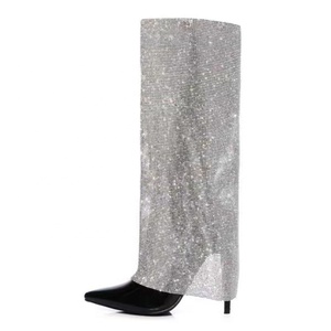 Women Diamonds Folded Over Knee High Boots Stiletto Thin Heels Shiny Bling Rhinestone Shoes Overlay Pointy Toe Long <b>Booties</b> - Product Image 2