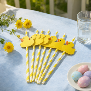 Pailles à boire en papier en forme de canard de Pâques avec des embouts de canard rayés jaunes pour les cadeaux de fête - Product Image 2