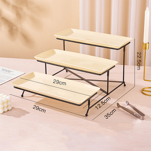 Set Piring Kue Kering Bertingkat 3 dari Keramik Kuning dengan Rak Logam Hitam yang Dapat Dilipat untuk Meja <span class=keywords><strong>Dessert</strong></span> - Product Image 2