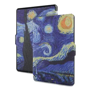 Étui en cuir pour Kindle Paperwhite, Design Van Gogh, coque mince éclairée en cuir