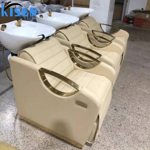 Kisen Salon Beige White Colorful Comfortable High-<b>end</b> Lay-down Hair Washing Shampoo Chair with Armrest for Barbershop - Product Image 1