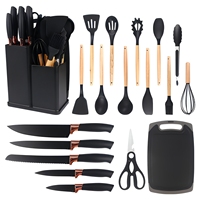 Ensemble d'ustensiles de cuisine 19 pièces avec manches en bois et silicone alimentaire résistant à la chaleur, comprenant râpe, pinces, cuillère, spatule et spatule à retourner