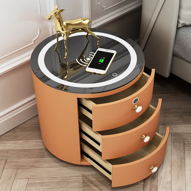 2022 Best Smart Furniture LED Bedside Table With Wireless USB Charging Minimalist Charging Bedroom Cylindrical Nightstand