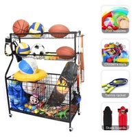 Chariot de rangement roulant pour équipement de sport, organisateur de balles et d'accessoires avec crochets et paniers pour l'intérieur et l'extérieur