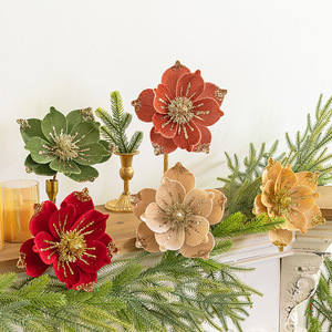 Decoración Navideña, Flor de Magnolia de Terciopelo de 20 cm, Decoración Navideña con Flores, Tela Adhesiva con Purpurina - Product Image 3