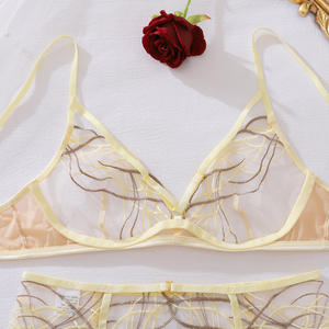 Зима, Новое поступление, светло-желтое Прозрачное нижнее белье с контрастной полосой, Вышитое нижнее белье, нижнее белье, Раздельный Комплект из трех предметов - Product Image 6