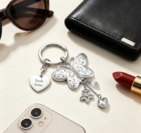 Porte-clés personnalisé en alliage de zinc avec strass, papillon, impression UV, breloque cœur gravable, pendentif de sac tendance pour femmes