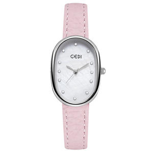 Montre pour femme au design original, cadran ovale, boîtier en nacre, bracelet en cuir, montre-bracelet à quartz élégante - Product Image 5