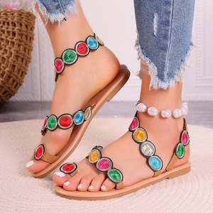 Sandalias Planas Boho para Mujer con Bordado, Adorno de Plumas de Pavo Real y Correa en el Tobillo, Zapatos de Playa para Verano - Product Image 6