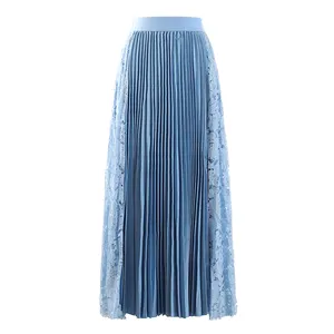 Quality High Vintage Female Pleated Long Skirt Elastic Waist Women Satin Lace New Silk Chiffon Accordion Pleated Skirts