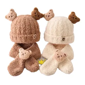 Factory Winter Newborn Baby Warm Hat Scarf Set Knitted 3d Bear Doll Microfiber Wool Hat Soft Casual Hats+Scarf For Kids