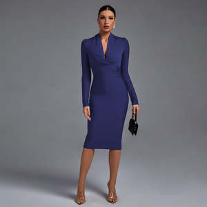 <span class=keywords><strong>Vestido</strong></span> Elegante de Oficina para Mujer, Cuello en V, Manga Larga, Drapeado, Ajustado, Hasta la Rodilla, Marca Ocstrade, Alta Calidad - Product Image 5